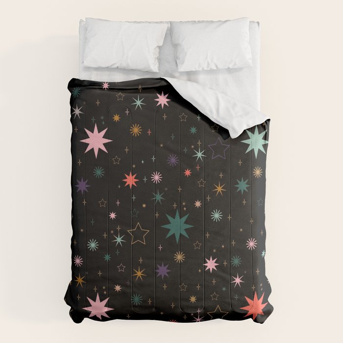 Colorful Starry Night Holiday Pattern on Black Background Comforter Gallery Image 6