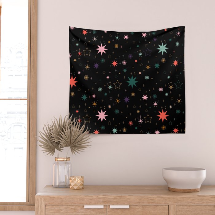 Colorful Starry Night Holiday Pattern on Black Background Wall Tapestry Gallery Image 2