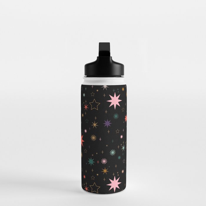 Colorful Starry Night Holiday Pattern on Black Background Water Bottle Gallery Image 3