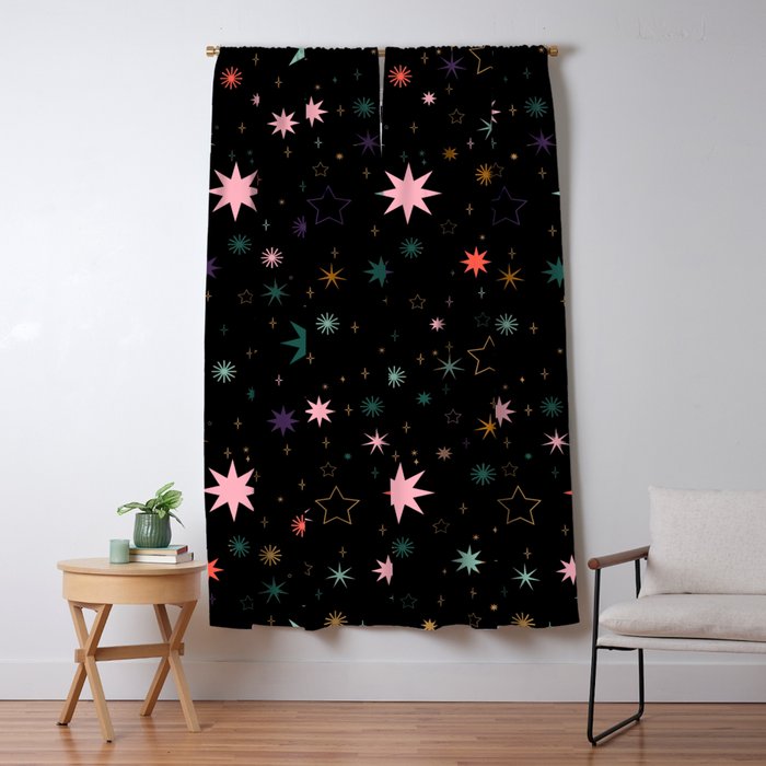 Colorful Starry Night Holiday Pattern on Black Background Window Curtain Gallery Image 1