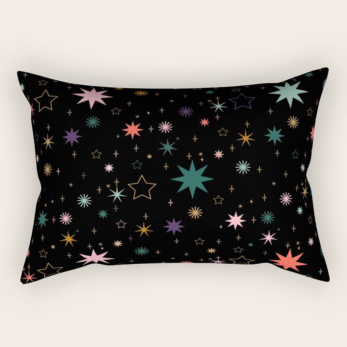 Colorful Starry Night Holiday Pattern on Black Background Rectangular Pillow Gallery Image 1