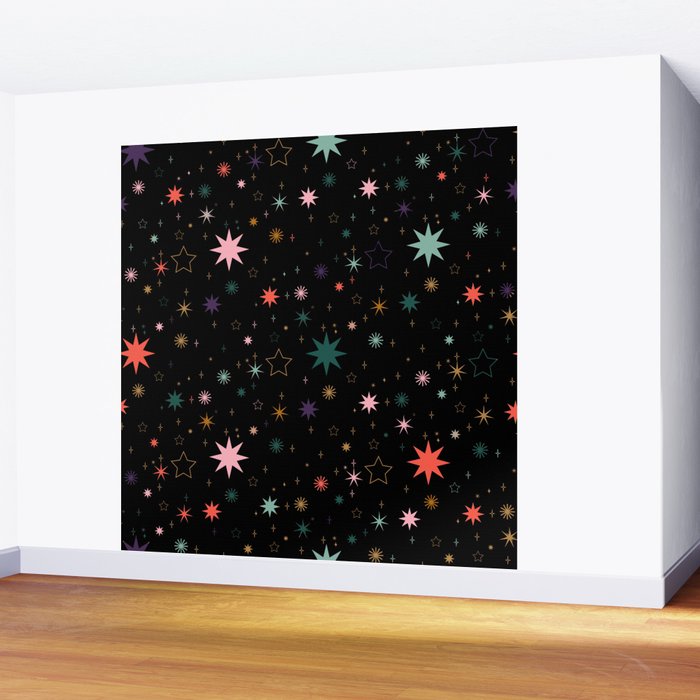 Colorful Starry Night Holiday Pattern on Black Background Wall Mural Gallery Image 2