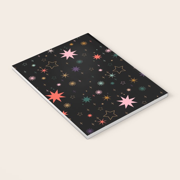 Colorful Starry Night Holiday Pattern on Black Background Notebook Gallery Image 3