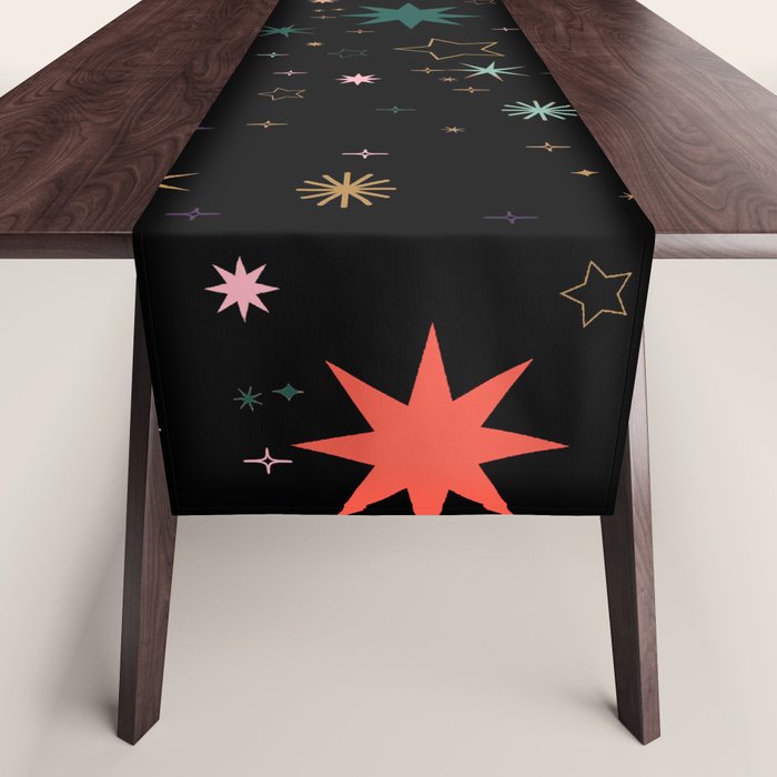 Colorful Starry Night Holiday Pattern on Black Background Table Runner Gallery Image 1