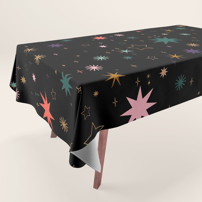 Colorful Starry Night Holiday Pattern on Black Background Tablecloth Gallery Image 1