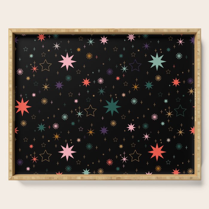 Colorful Starry Night Holiday Pattern on Black Background Serving Tray Gallery Image 1