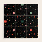 Colorful Starry Night Holiday Pattern on Black Background Wood Wall Art Gallery Image 1