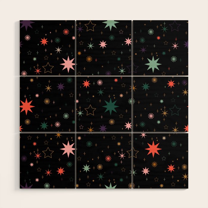Colorful Starry Night Holiday Pattern on Black Background Wood Wall Art Gallery Image 1