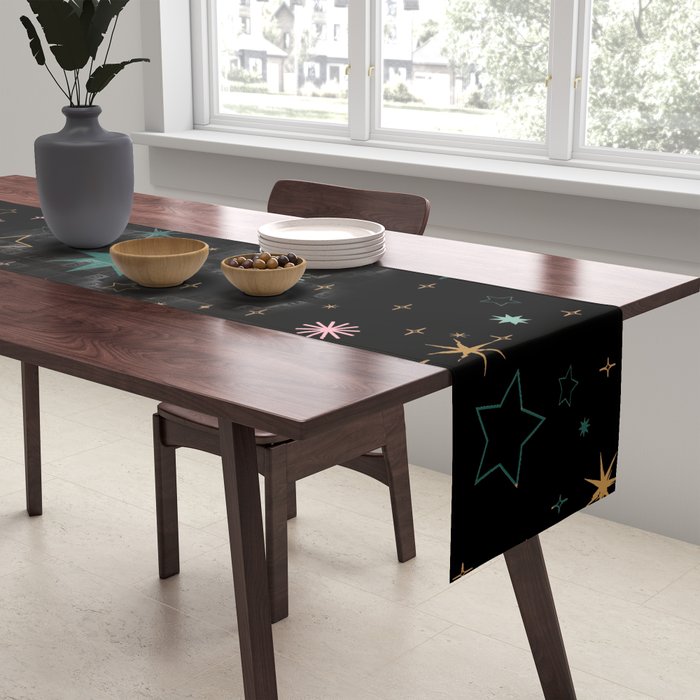 Colorful Starry Night Holiday Pattern on Black Background Table Runner Gallery Image 2