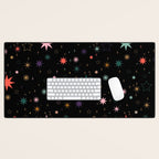 Colorful Starry Night Holiday Pattern on Black Background Desk Mat Gallery Image 1