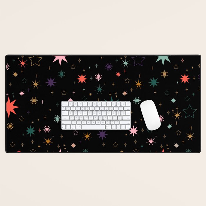 Colorful Starry Night Holiday Pattern on Black Background Desk Mat Gallery Image 1