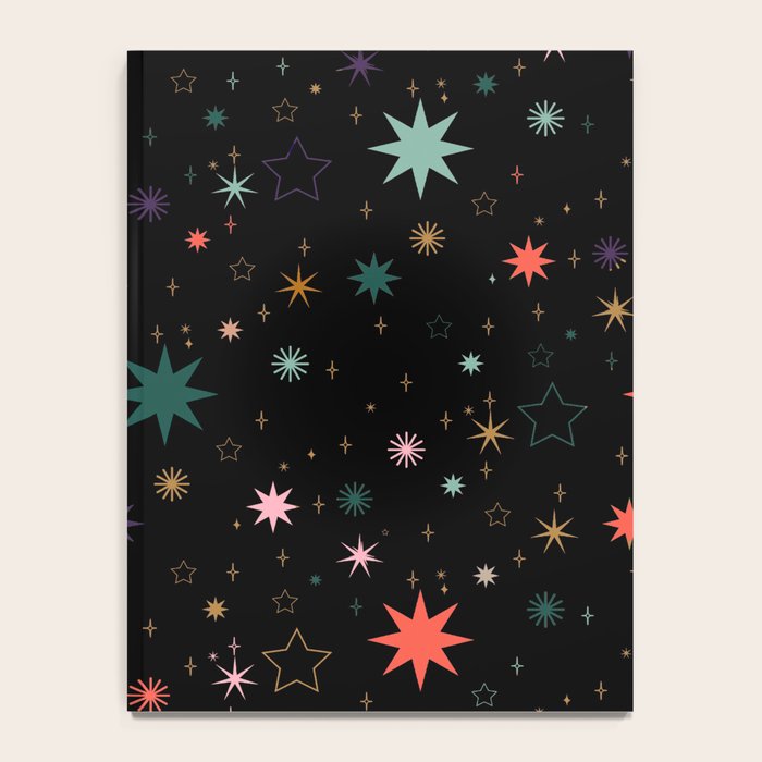 Colorful Starry Night Holiday Pattern on Black Background Notebook Gallery Image 4