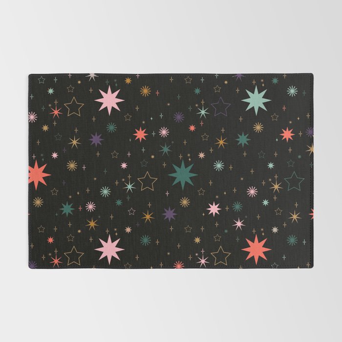 Colorful Starry Night Holiday Pattern on Black Background Rug Gallery Image 2