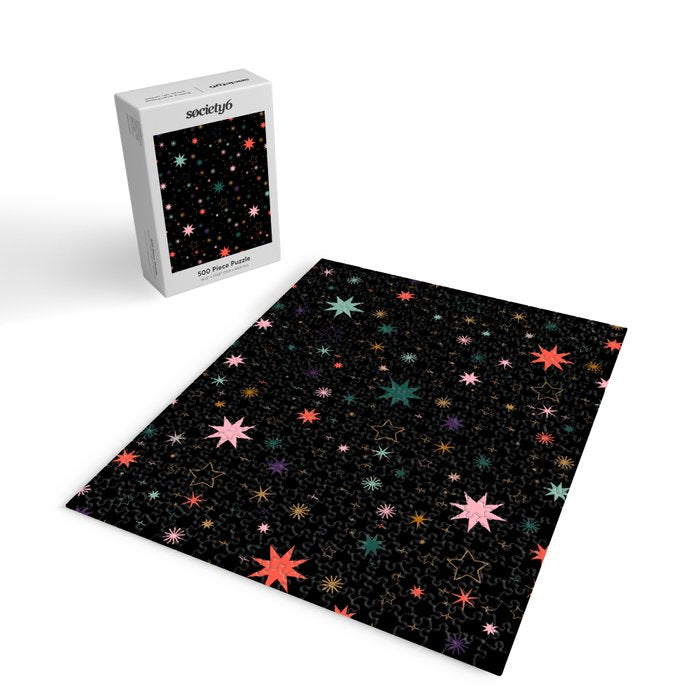 Colorful Starry Night Holiday Pattern on Black Background Jigsaw Puzzle Gallery Image 2
