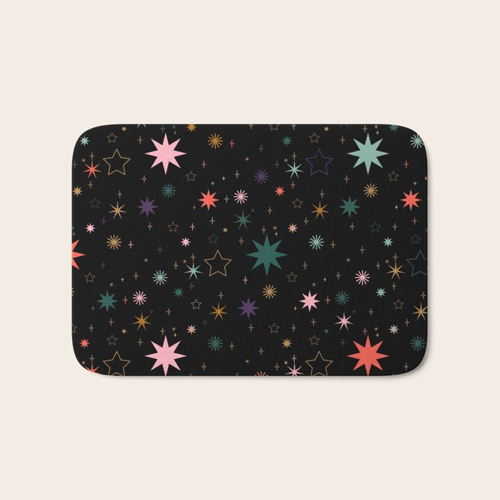 Colorful Starry Night Holiday Pattern on Black Background Bath Mat Gallery Image 1
