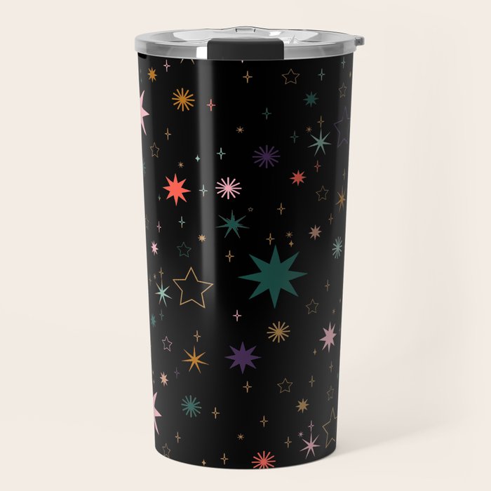 Colorful Starry Night Holiday Pattern on Black Background Travel Mug Gallery Image 1