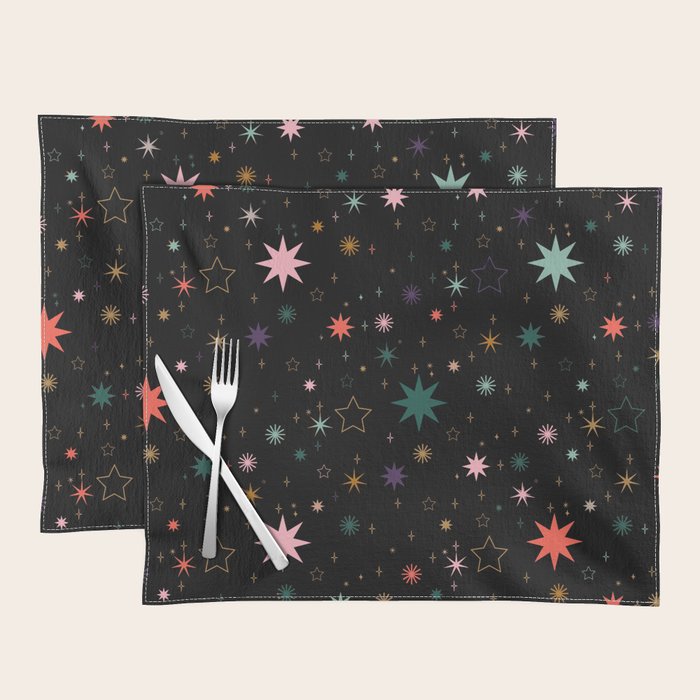 Colorful Starry Night Holiday Pattern on Black Background Placemat Gallery Image 1