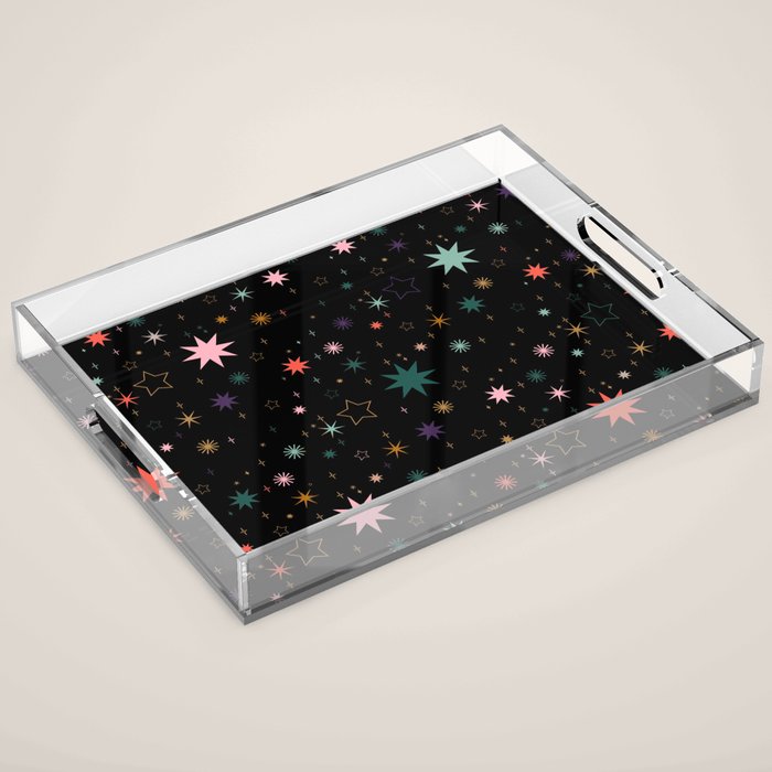 Colorful Starry Night Holiday Pattern on Black Background Acrylic Tray Gallery Image 1