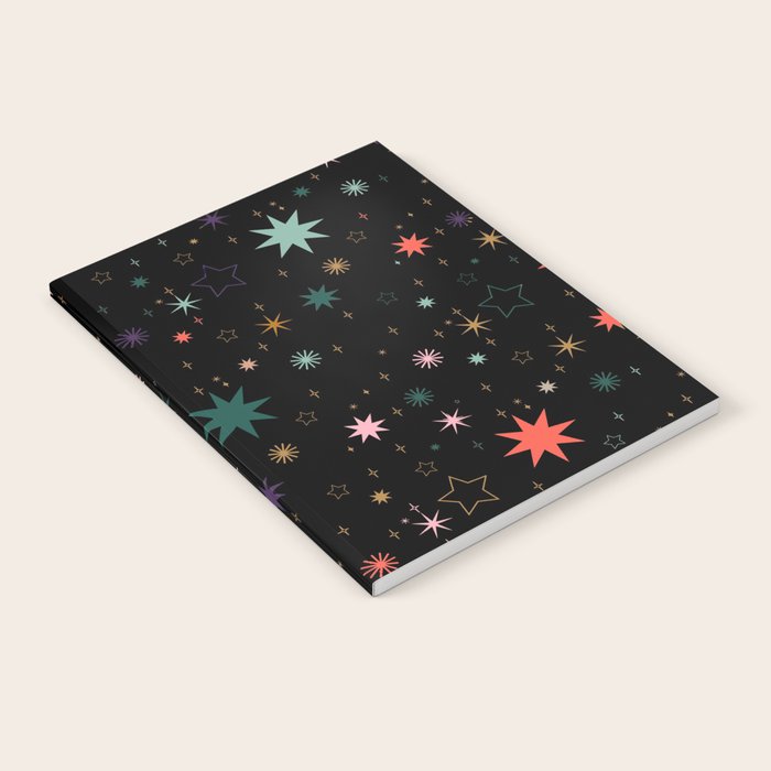Colorful Starry Night Holiday Pattern on Black Background Notebook Gallery Image 2