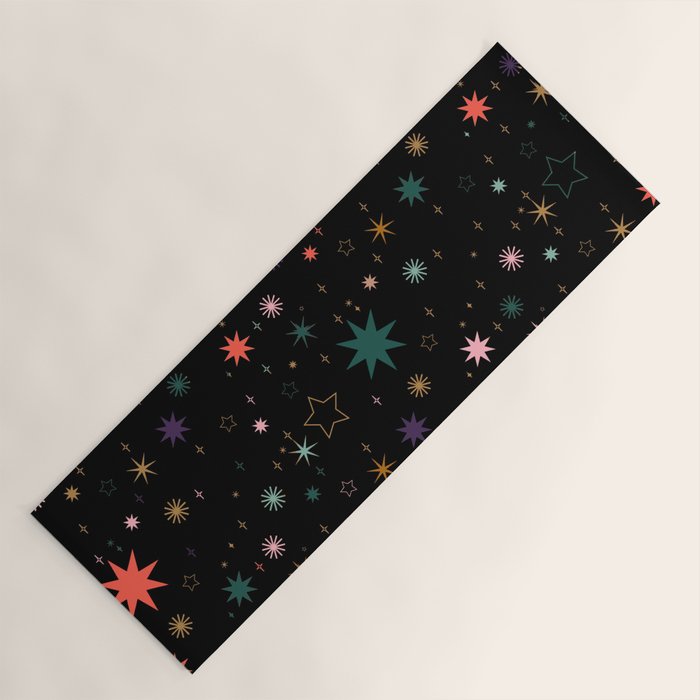 Colorful Starry Night Holiday Pattern on Black Background Yoga Mat Gallery Image 1