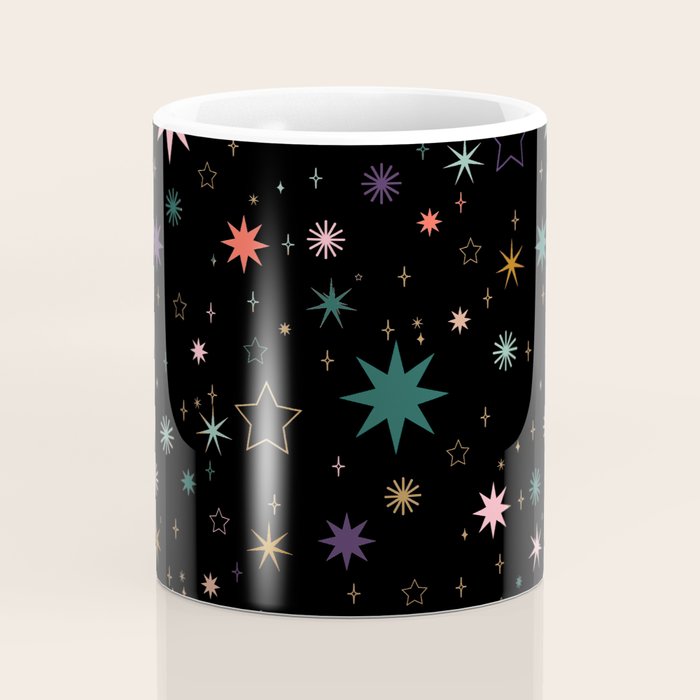 Colorful Starry Night Holiday Pattern on Black Background Coffee Mug Gallery Image 4
