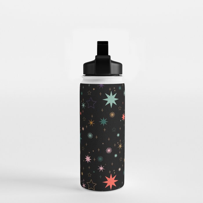 Colorful Starry Night Holiday Pattern on Black Background Water Bottle Gallery Image 2