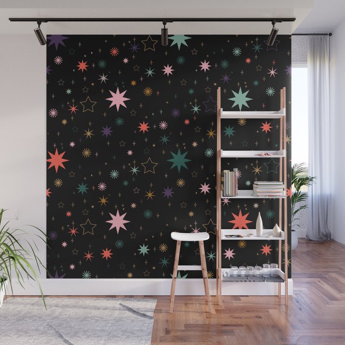 Colorful Starry Night Holiday Pattern on Black Background Wall Mural Gallery Image 1