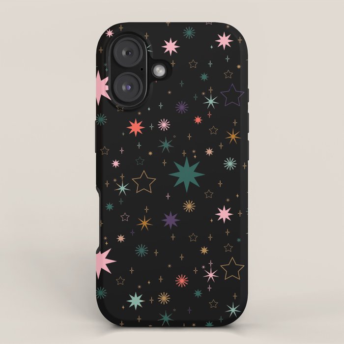 Colorful Starry Night Holiday Pattern on Black Background iPhone Case Gallery Image 1