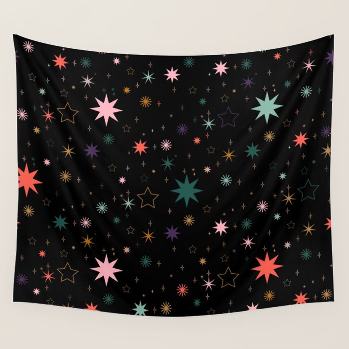 Colorful Starry Night Holiday Pattern on Black Background Wall Tapestry Gallery Image 4