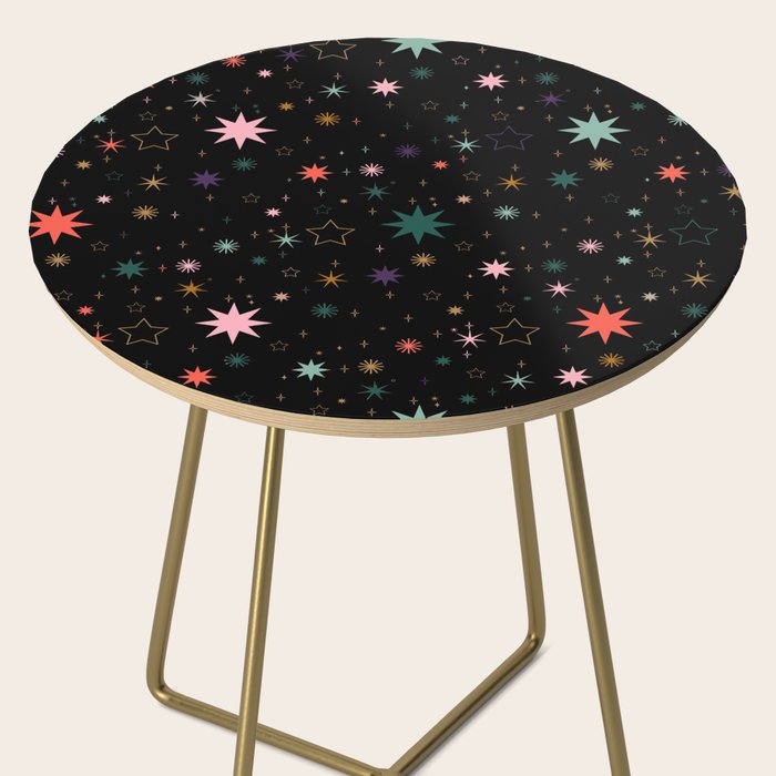 Colorful Starry Night Holiday Pattern on Black Background Side Table Gallery Image 2