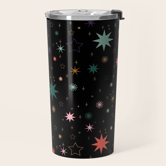 Colorful Starry Night Holiday Pattern on Black Background Travel Mug Gallery Image 2