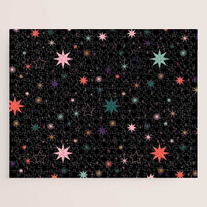 Colorful Starry Night Holiday Pattern on Black Background Jigsaw Puzzle Gallery Image 1
