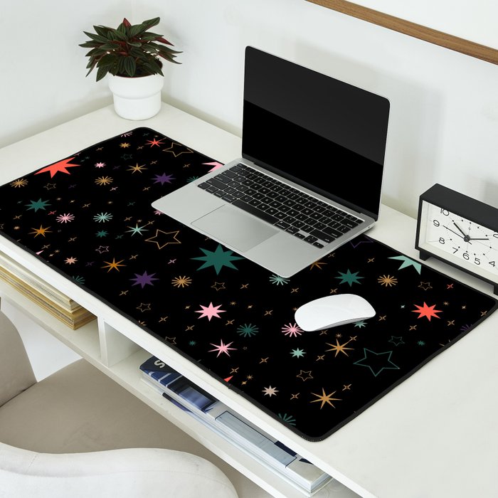 Colorful Starry Night Holiday Pattern on Black Background Desk Mat Gallery Image 2