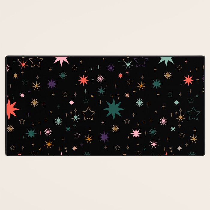 Colorful Starry Night Holiday Pattern on Black Background Desk Mat Gallery Image 3