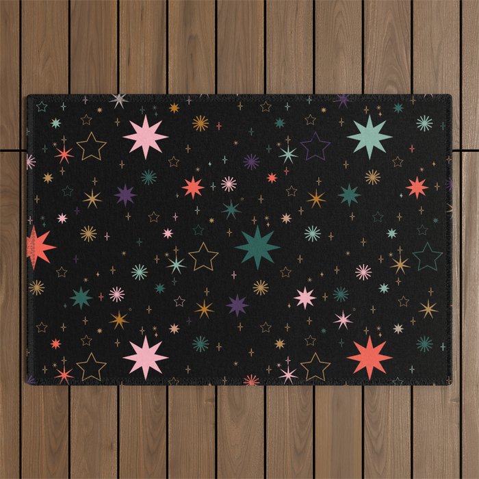 Colorful Starry Night Holiday Pattern on Black Background Outdoor Rug Gallery Image 1