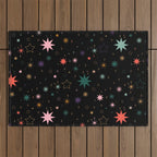 Colorful Starry Night Holiday Pattern on Black Background Outdoor Rug Gallery Image 1