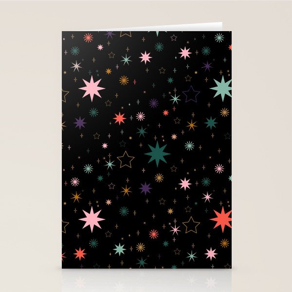 Colorful Starry Night Holiday Pattern on Black Background Stationery Card Gallery Image 2