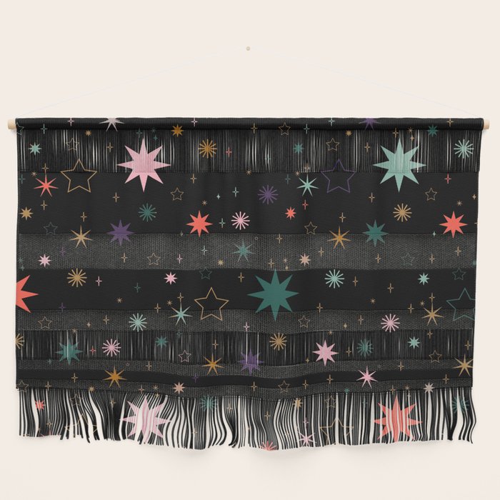 Colorful Starry Night Holiday Pattern on Black Background Wall Hanging Gallery Image 1