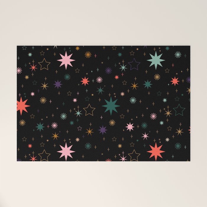 Colorful Starry Night Holiday Pattern on Black Background Welcome Mat Gallery Image 1