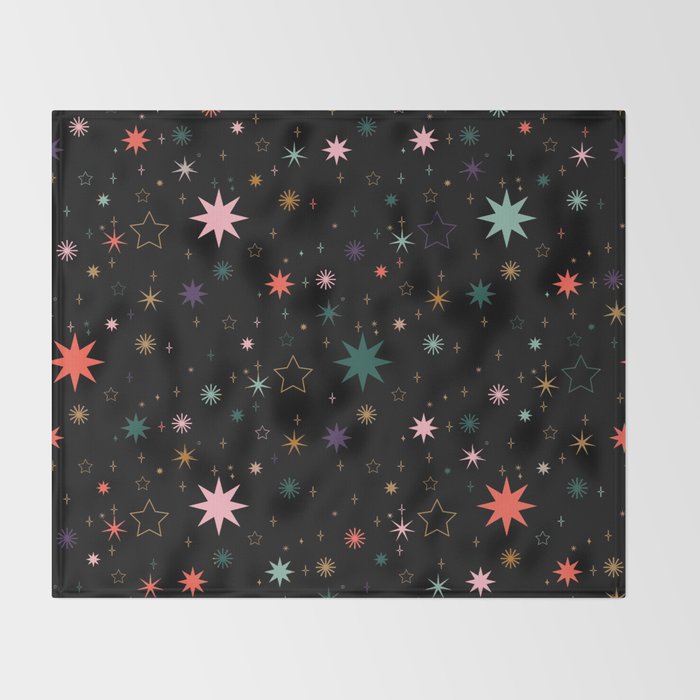 Colorful Starry Night Holiday Pattern on Black Background Throw Blanket Gallery Image 2