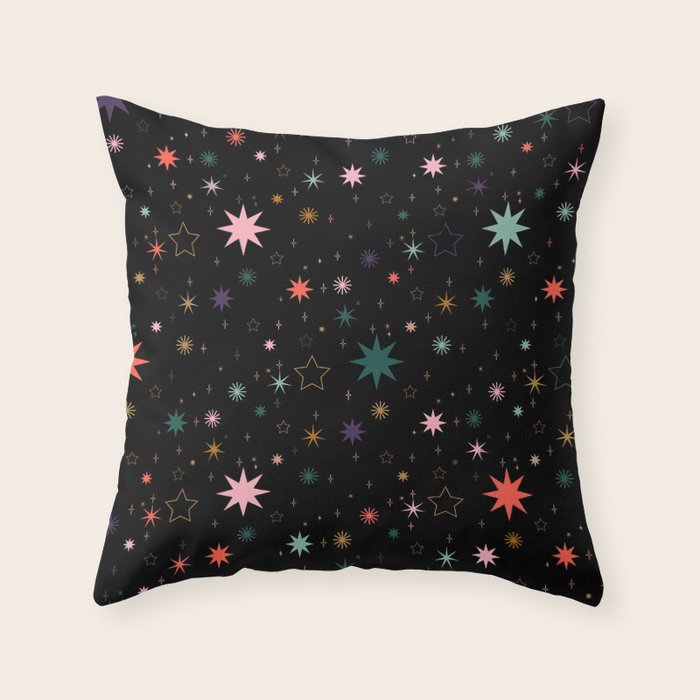 Colorful Starry Night Holiday Pattern on Black Background Throw Pillow Gallery Image 2