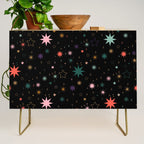 Colorful Starry Night Holiday Pattern on Black Background Credenza Gallery Image 1