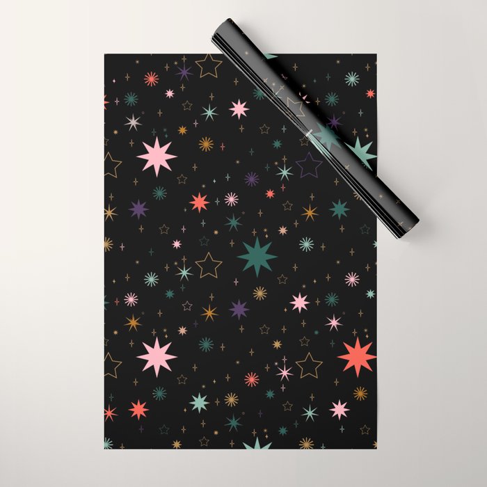 Colorful Starry Night Holiday Pattern on Black Background Wrapping Paper Gallery Image 1