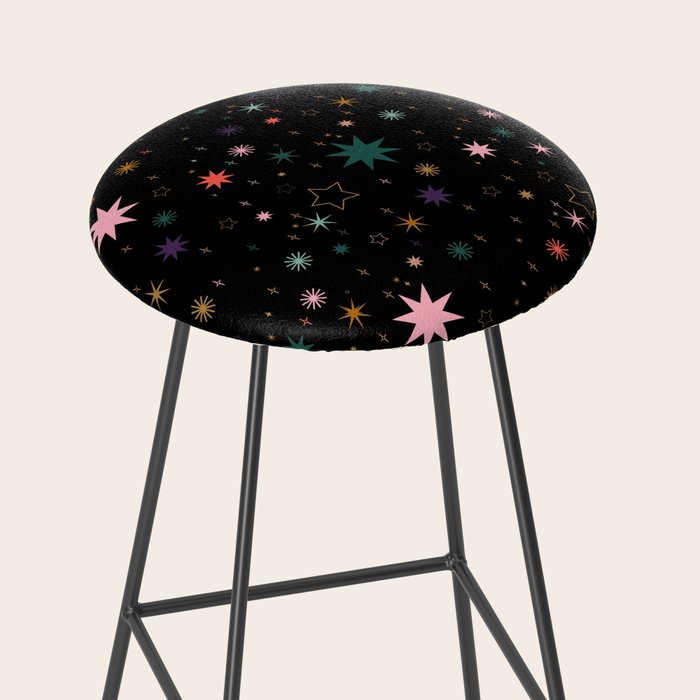 Colorful Starry Night Holiday Pattern on Black Background Stool Gallery Image 2