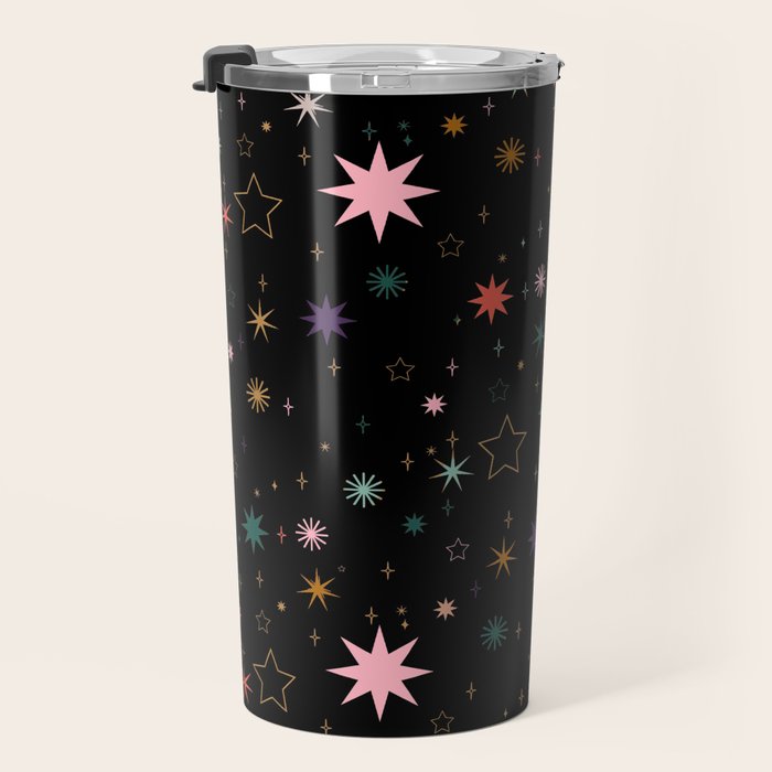 Colorful Starry Night Holiday Pattern on Black Background Travel Mug Gallery Image 3