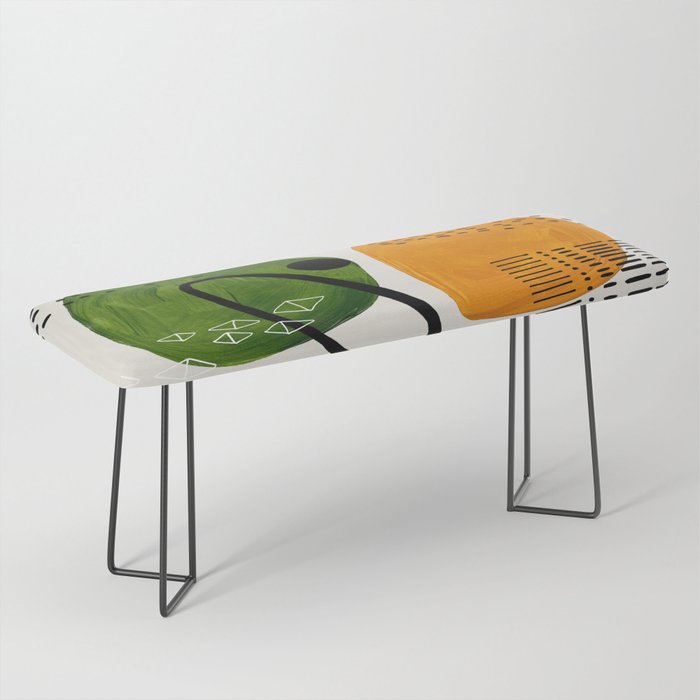 Mid Century Modern Abstract Colorful Art Patterns Olive Green Yellow Ochre Orbit Geometric Objects Bench Gallery Image 1