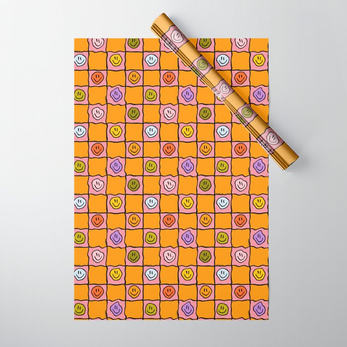 Pink Happy Face Checkered Print Wrapping Paper Gallery Image 1