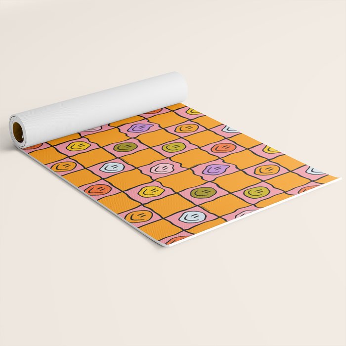 Pink Happy Face Checkered Print Yoga Mat Gallery Image 2