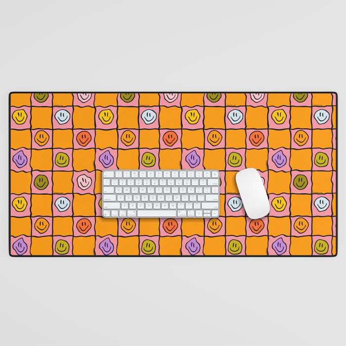 Pink Happy Face Checkered Print Desk Mat Gallery Image 1