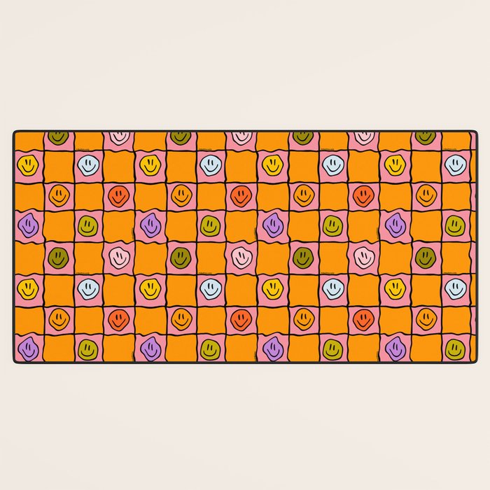 Pink Happy Face Checkered Print Desk Mat Gallery Image 3